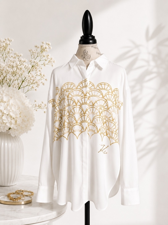 Karl Lagerfeld Tops - Karl Lagerfeld Paris White Blouse with Gold Art Deco Print